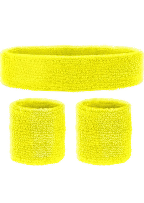 bandeau et poignets fluos, déguisement disco accessoire, bandeau et bracelets années 80, bandeau sport disco, accessoire fluo,, Kit Années 80, Bandeau et Poignets, Jaune Fluo