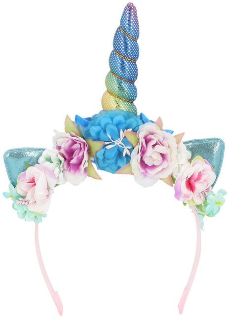 corne de licorne, serre tête licorne, accessoire déguisement licorne, Corne de Licorne Irisée avec Fleurs