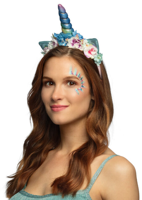 corne de licorne, serre tête licorne, accessoire déguisement licorne, Corne de Licorne Irisée avec Fleurs