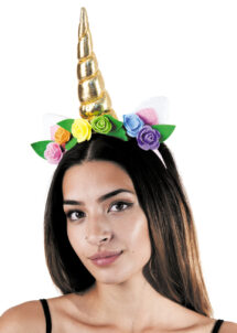 licorne déguisement, déguisement de licorne, accessoire licornes, serre tete de licorne, corne de licorne déguisement, déguisement de licornes, Corne de Licorne Dorée avec Fleurs