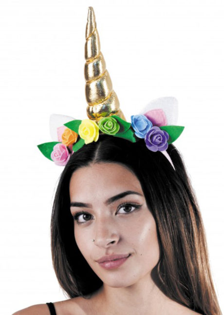 licorne déguisement, déguisement de licorne, accessoire licornes, serre tete de licorne, corne de licorne déguisement, déguisement de licornes, Corne de Licorne Dorée avec Fleurs