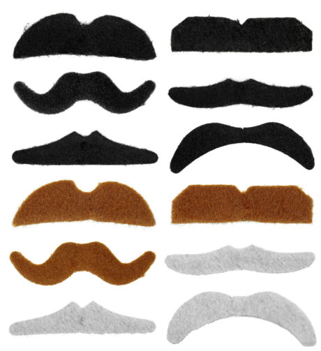 fausses moustaches, postiche, moustache postiche, fausses moustaches réalistes, fausse moustache de déguisement, moustaches noires, moustaches grises, moustaches brunes, lots de moustaches, Moustaches Auto Adhésives x 12, Noires, Châtain, Grises