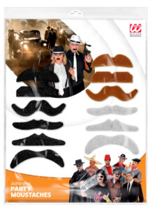 moustache déguisement, fausse moustache, lot de moustaches, Moustaches Auto Adhésives x 12, Noires, Châtain, Grises