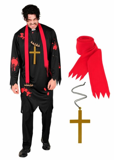 déguisement curé zombie, costume zombie homme, déguisement prêtre zombie halloween, Déguisement de Curé Zombie Ensanglanté