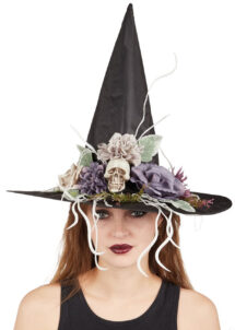 chapeau de sorcière, chapeau sorcière halloween, beau chapeau sorcière, Chapeau de Sorcière, Fleurs et Crâne