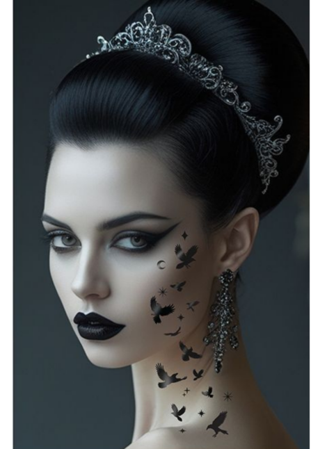 faux tatouages oiseaux, tatouage ephemere oiseaux, faux tatouages visage, tatouage femme, Faux Tatouages Oiseaux – Envolée de Corbeaux Noirs