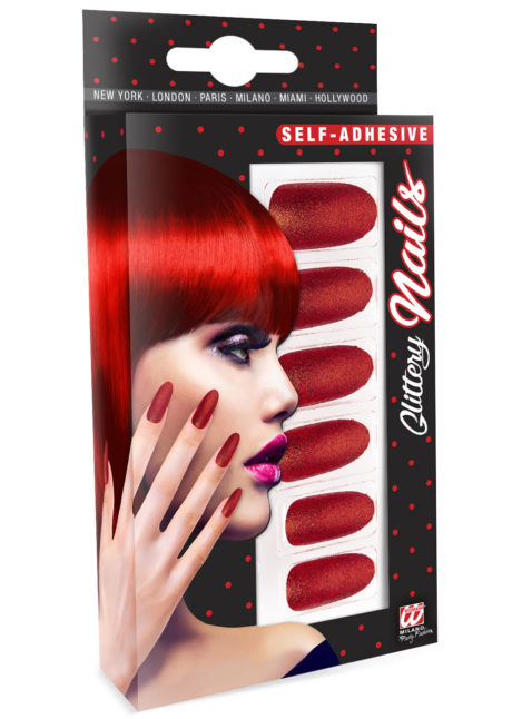 faux ongles rouges, faux ongles halloween, maquillage halloween, faux ongles déguisement, Faux Ongles Rouges Paillettes, Adhésifs