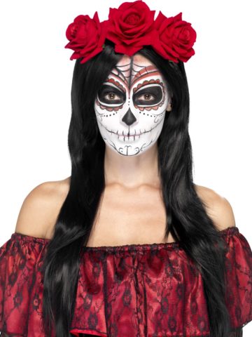 bandeau à fleurs, accessoire jour des morts halloween, couronne fleurs jour des morts déguisement, serre tête jour des morts déguisement, accessoire halloween, déguisement halloween jour des morts femme Bandeau à Fleurs, Roses Rouges, Jour des Morts