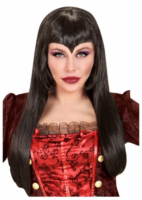 perruque longue noire femme, perruque noire femme, perruque halloween femme, Perruque Longue Noire avec Frange en Pointe