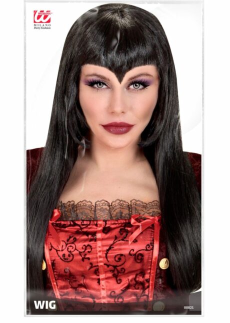 perruque longue noire femme, perruque noire femme, perruque halloween femme, Perruque Longue Noire avec Frange en Pointe