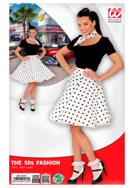 déguisement années 50, jupe années 50 déguisement, costume années 50 femme, costume années 60 femme, déguisement années 60 femme, jupe à pois déguisement femme, déguisement rock femme, déguisement sixties femme, Déguisement Années 50, Jupe à Pois et Foulard, Blanche