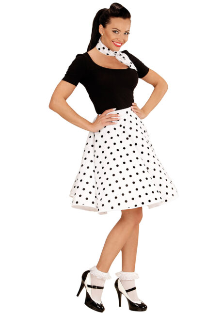déguisement années 50, jupe années 50 déguisement, costume années 50 femme, costume années 60 femme, déguisement années 60 femme, jupe à pois déguisement femme, déguisement rock femme, déguisement sixties femme, Déguisement Années 50, Jupe à Pois et Foulard, Blanche