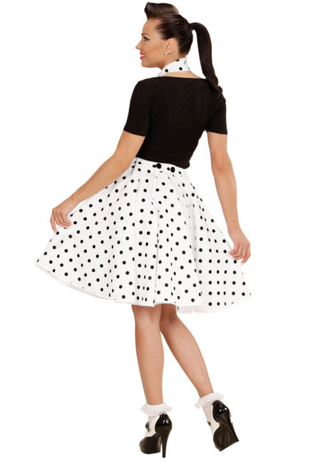 déguisement années 50, jupe années 50 déguisement, costume années 50 femme, costume années 60 femme, déguisement années 60 femme, jupe à pois déguisement femme, déguisement rock femme, déguisement sixties femme, Déguisement Années 50, Jupe à Pois et Foulard, Blanche