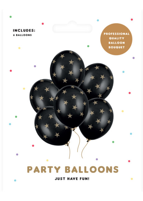 ballons hélium, ballons de baudruche, ballon latex, ballons décorations, ballons étoiles, Ballons Imprimés Etoiles, Noirs et Or, en Latex, x 6