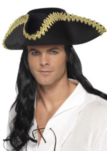 chapeau de pirate adulte, chapeau tricorne de pirate, chapeau de pirate, accessoire pirate, chapeau de pirate homme, Chapeau Tricorne Noir, Large Galon Or