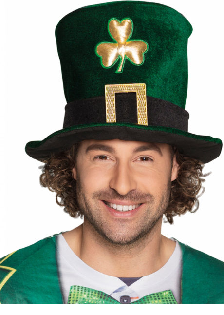 Chapeau Haut De Forme Vert Velours Doré | Pour Fête Irlandaise Saint Patrick | Taille Ajustable | Accessoire Déguisement