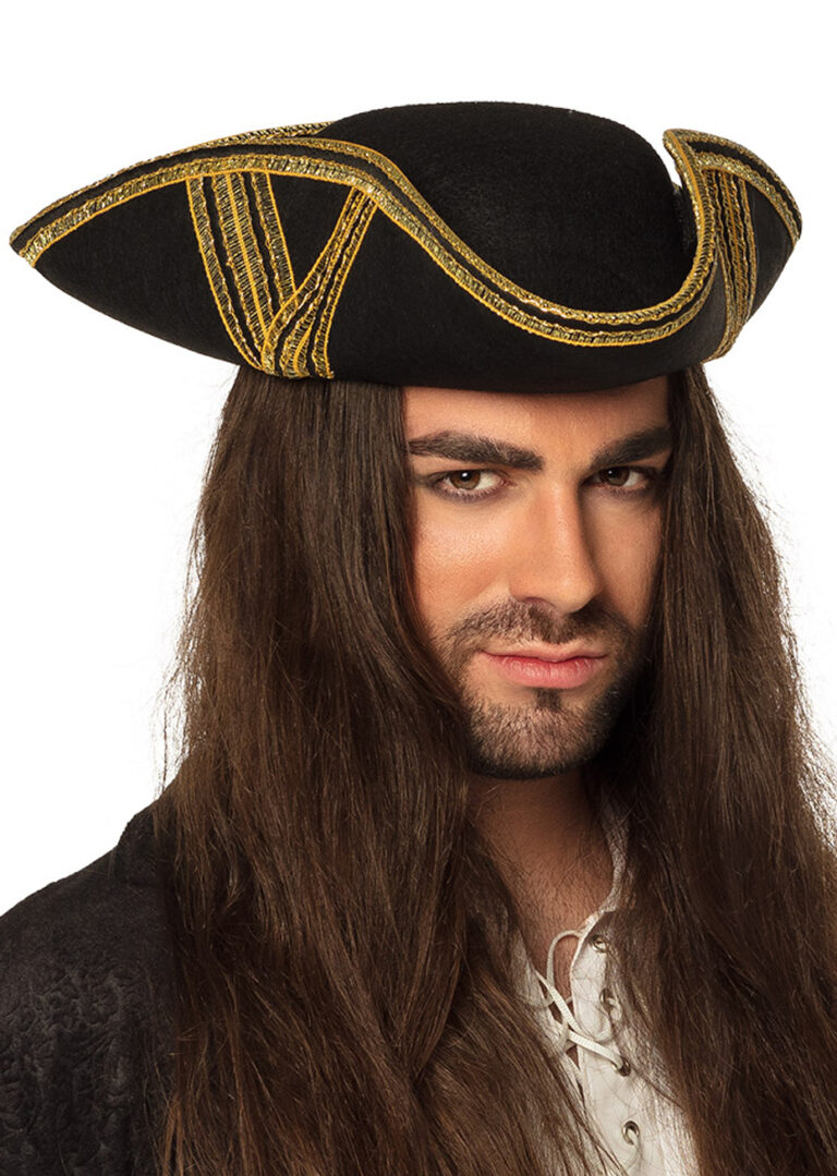 Chapeau Tricorne Noir - Effet feutre avec liseré doré