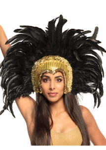 coiffe brésilienne, accessoire carnaval de rio, coiffe de carnaval, coiffure brésilienne, accessoire déguisement, déguisement brésilienne, coiffe brésilienne à plumes, Coiffe Brésilienne, Gogo, Paillettes Dorées