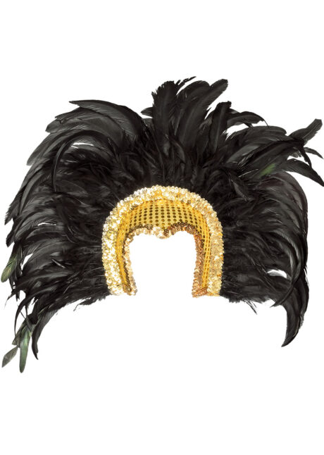 coiffe brésilienne, accessoire carnaval de rio, coiffe de carnaval, coiffure brésilienne, accessoire déguisement, déguisement brésilienne, coiffe brésilienne à plumes, Coiffe Brésilienne, Gogo, Paillettes Dorées