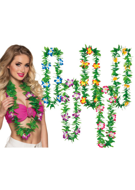collier hawaïen, collier hawaï, collier de fleurs hawaïen, collier de fleurs hawaï, collier de fleurs hawaïen pas cher, Collier de Fleurs Hawaïen Violet, avec Feuilles Vertes