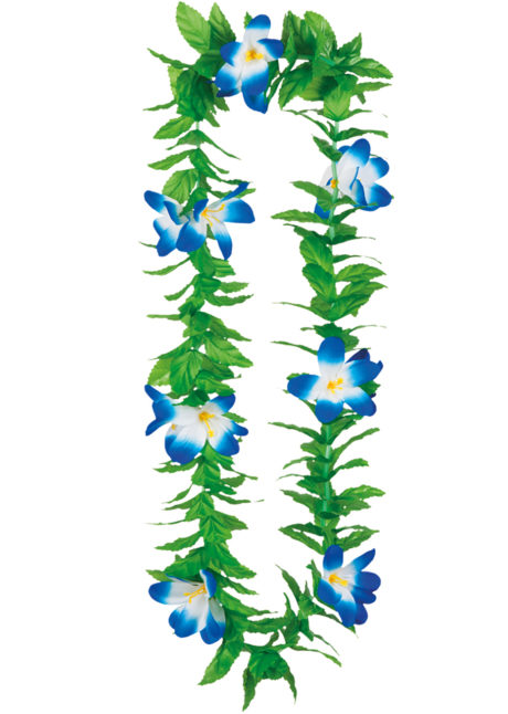collier hawaïen, collier hawaï, collier de fleurs hawaïen, collier de fleurs hawaï, collier de fleurs hawaïen pas cher, Collier de Fleurs Hawaïen Bleu, avec Feuilles Vertes