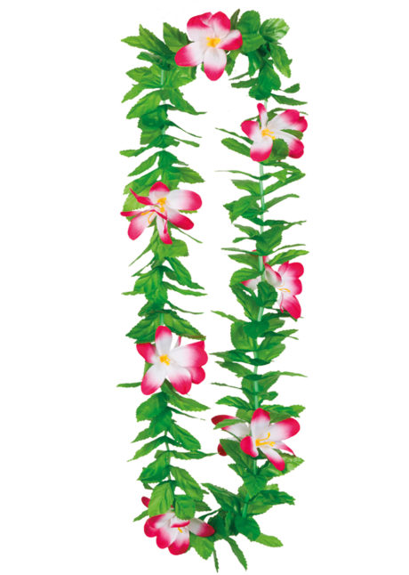 collier hawaïen, collier hawaï, collier de fleurs hawaïen, collier de fleurs hawaï, collier de fleurs hawaïen pas cher, Collier de Fleurs Hawaïen Fuchsia, avec Feuilles Vertes