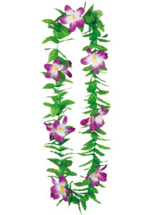 collier hawaïen, collier hawaï, collier de fleurs hawaïen, collier de fleurs hawaï, collier de fleurs hawaïen pas cher, Collier de Fleurs Hawaïen Violet, avec Feuilles Vertes