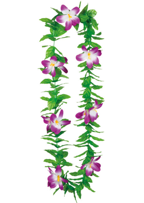 collier hawaïen, collier hawaï, collier de fleurs hawaïen, collier de fleurs hawaï, collier de fleurs hawaïen pas cher, Collier de Fleurs Hawaïen Violet, avec Feuilles Vertes