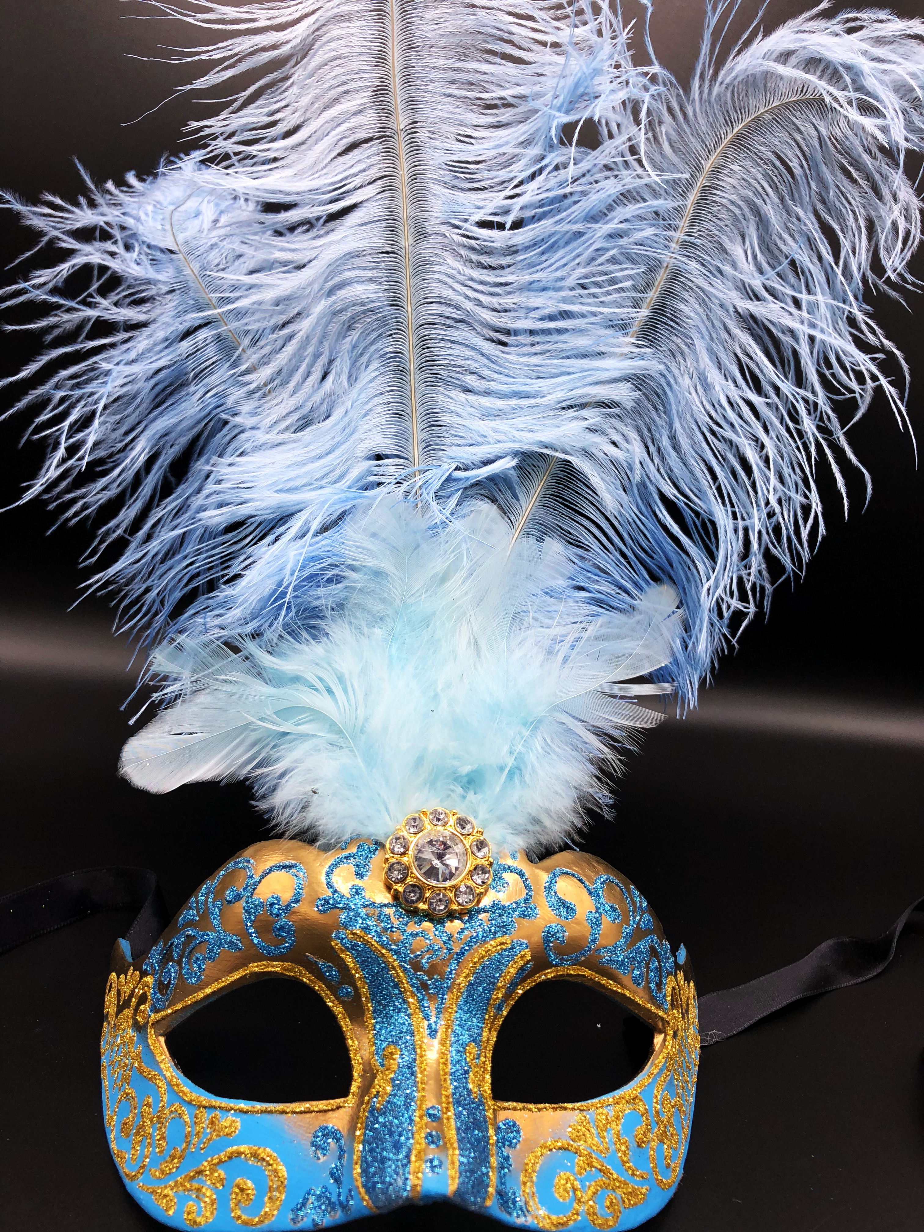 Tout Le Bleu Du Ciel Le Masque Et La Plume Vénitien, Colombina Stella à Plumes, Bleu Ciel et Or - Aux Feux de la