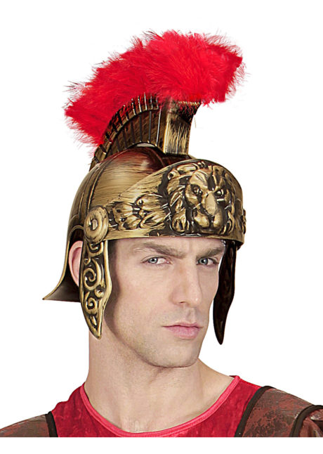 casque de romain, casques romains, accessoires déguisement de romain, casque de gladiateurs, accessoires soirée romaine déguisement, accessoire romain déguisement, Casque de Romain Vieil Or, avec Plumes Rouges
