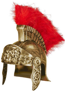 casque de romain, casques romains, accessoires déguisement de romain, casque de gladiateurs, accessoires soirée romaine déguisement, accessoire romain déguisement, Casque de Romain Vieil Or, avec Plumes Rouges