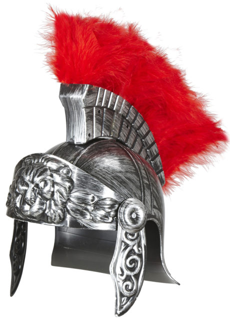 casque de romain, casques romains, accessoires déguisement de romain, casque de gladiateurs, accessoires soirée romaine déguisement, accessoire romain déguisement, Casque de Romain Vieilli, avec Plumes Rouges