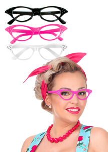 lunettes années 50, lunettes années 60, lunettes blanches, lunettes déguisements, Lunettes Années 50 avec Strass, Roses, Noires ou Blanches