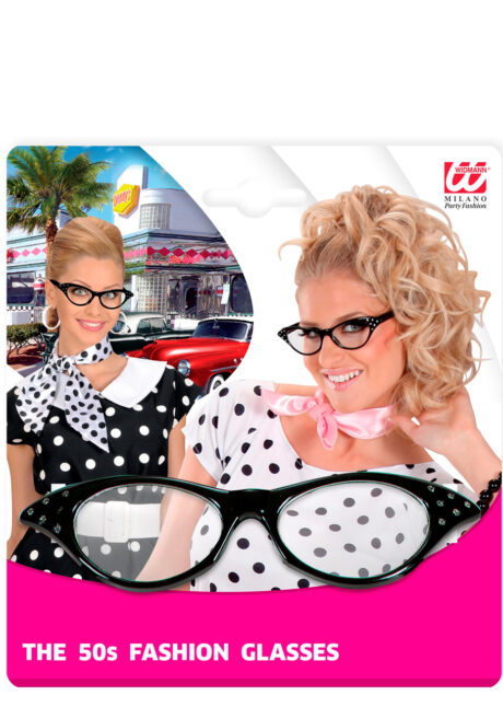 lunettes années 50, lunettes années 60, lunettes noires strass, lunettes déguisements, Lunettes Années 50 avec Strass, Noires