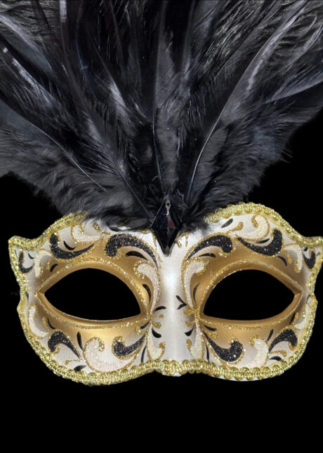 loup vénitien à plumes, masque vénitien plumes, masque vénitien paillettes, Giaco à Plumes, Paillettes Noires et Or, Vénitien Fait Main