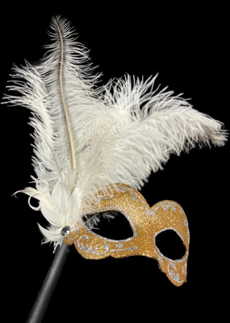 masque vénitien sur baton, masque vénitien plumes, Loup Baby Bâton, Paillettes Dorées et Plumes Blanches, Vénitien Fait Main