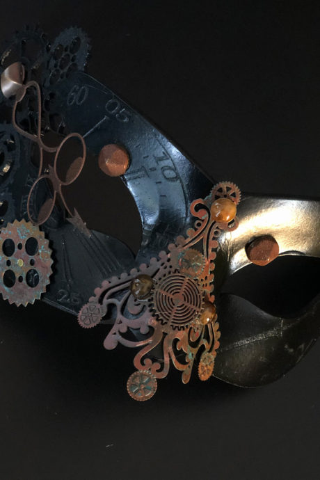 masque steampunk, loup steampunk, masque fait à la main, masque vénitien, loup vénitien, masque Halloween, masque original, masque steampunk, Loup Steampunk, Folle Histoire du Temps, Noir