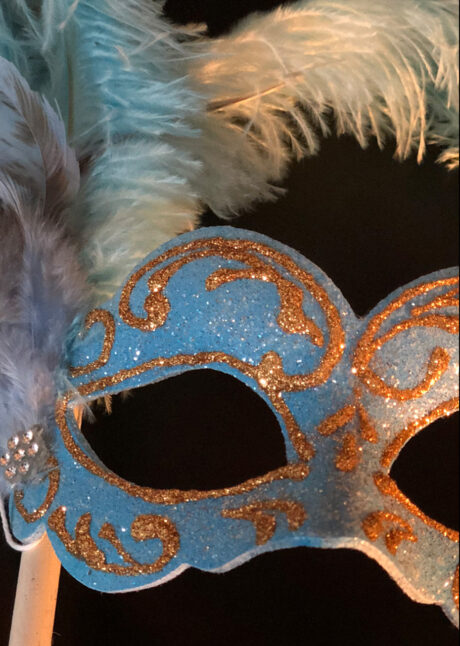 loup vénitien, masque vénitien, loup vénitien fait à la main, masque vénitien haute qualité, masque pour carnaval de venise, loup vénitien sur bâton, masque vénitien sur bâton, Signorina Bâton, Bleu Céleste, Vénitien Fait Main