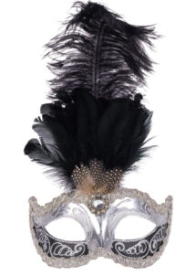 masque vénitien à plumes, loup vénitien plumes, masque carnaval de Venise, masque fait main, Colombina Sisi, Noir et Argent, Vénitien Fait Main