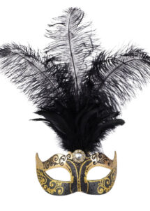 masque vénitien à plumes, loup vénitien à plumes, vénitien plumes noires, Baby Stella à Plumes, Noir et Or, Vénitien Fait Main
