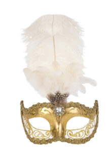 masque vénitien à plumes, loup vénitien plumes, masque carnaval de Venise, masque fait main, Colombina Sisi, Blanc et Doré, Vénitien Fait Main