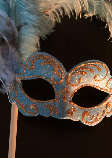 loup vénitien, masque vénitien, loup vénitien fait à la main, masque vénitien haute qualité, masque pour carnaval de venise, loup vénitien sur bâton, masque vénitien sur bâton, Signorina Bâton, Bleu Céleste, Vénitien Fait Main