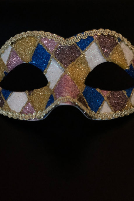 loup vénitien, masque vénitien, loup vénitien fait à la main, masque vénitien haute qualité, masque pour carnaval de venise, loup vénitien arlequin, Vénitien Arlecchino Paillettes, Bleu, Rose et Or