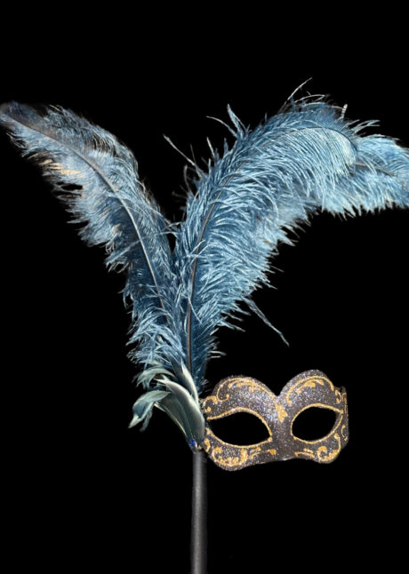 masque vénitien sur baton, masque vénitien plumes, Loup Baby Bâton, Paillettes Bleues et Plumes, Vénitien Fait Main