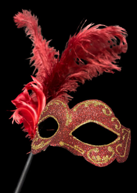 masque vénitien sur baton, masque vénitien plumes, Loup Baby Bâton, Rouge et Or, Vénitien Fait Main