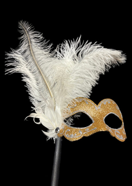masque vénitien sur baton, masque vénitien plumes, Loup Baby Bâton, Paillettes Dorées et Plumes Blanches, Vénitien Fait Main