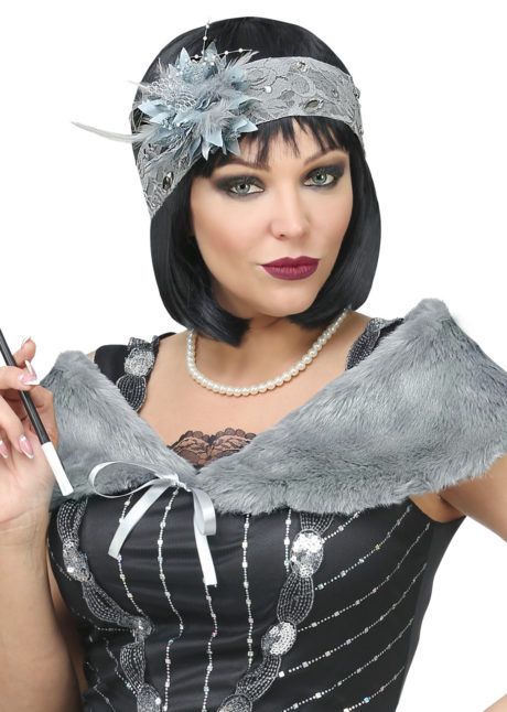 étole années 30, accessoire années 30, bandeau à plumes, bandeau années 30, accessoires années 20, Accessoires Années 20, Etole avec Bandeau à Plumes, Gris
