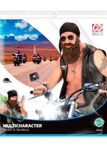 barbe et foulard de biker, kit accessoire biker, barbe de biker, barbe châtain, Barbe de Biker avec Foulard Noir