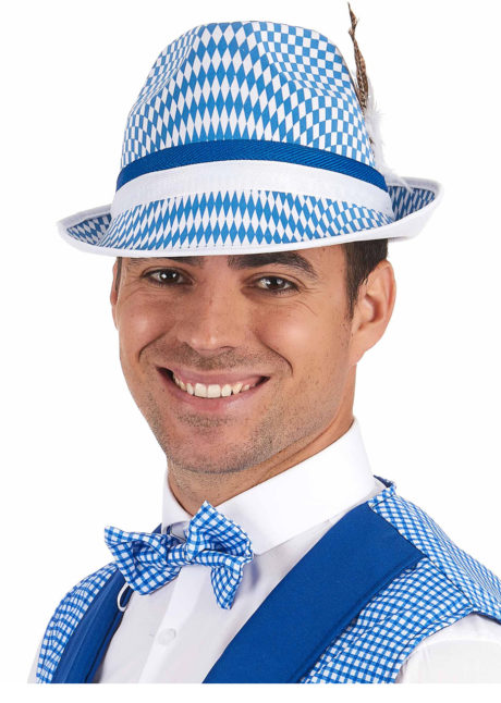 chapeau bavarois, chapeau oktoberfest, chapeau fête de la bière, chapeau bavarois, Chapeau de Bavarois Bleu et Blanc, avec Plume