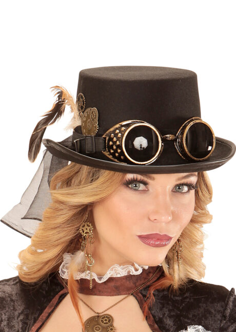 chapeau steampunk, chapeau haut de forme steampunk, chapeau burning man, chapeau halloween, Chapeau Haut de Forme Steampunk, Lunettes Amovibles
